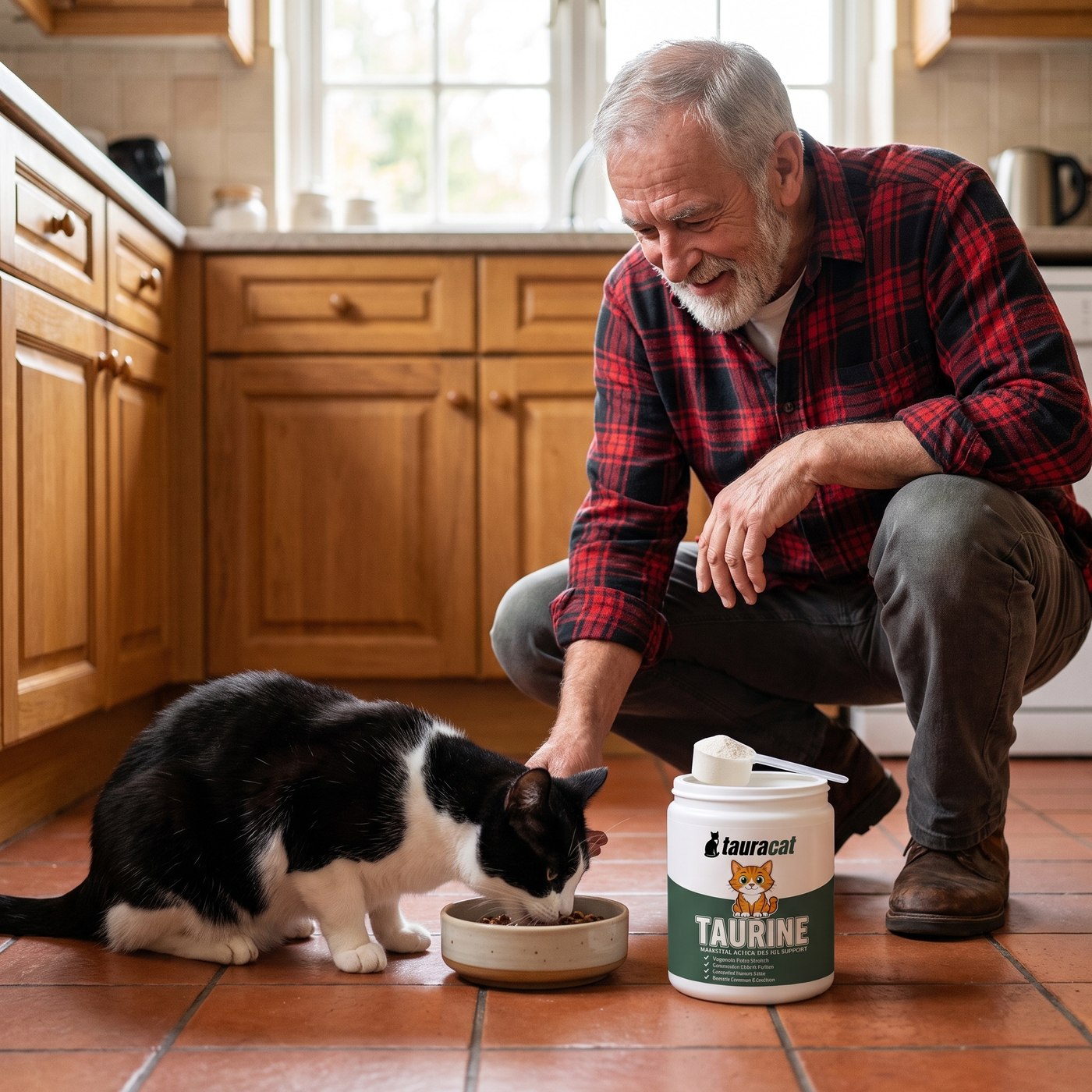 A cat eating from a bowl beside a tub of Tauracat Taurine