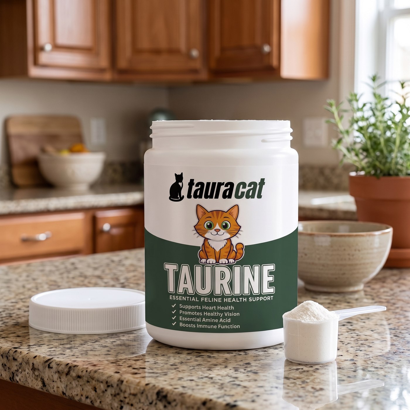 Tauracat Taurine tub on a kitchen counter with lid off and measuring scoop